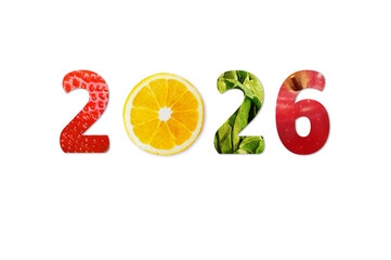 2026 Happy New Year for healthcare on white background. Fruit and vegetables which make 2026 number. strawberry, orange, apple.