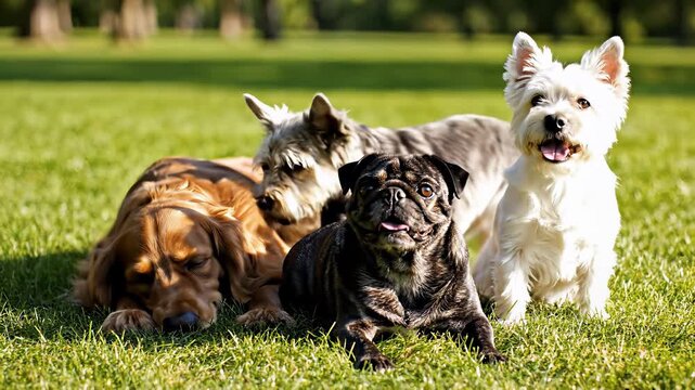 Three dogs, each with its tongue lolling out in exhaustion, lie sprawled across lush green grass, perfectly capturing the concept of effortless relaxation and companionship.