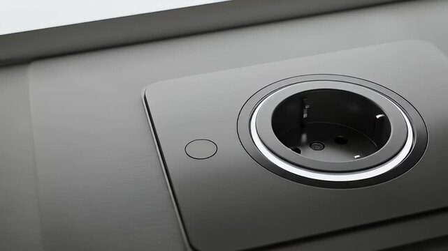 A close up image of a dark colored electrical outlet set into a textured wall