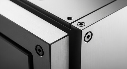 Close up of metal cube structure with screws in monochrome view