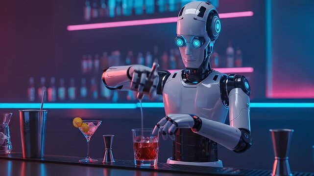 Robot bartender prepares cocktail at a bar with neon lighting and various bar tools