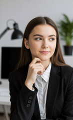 A young professional woman in a smart black blazer with a thoughtful expression is working in a bright, modern office setting.