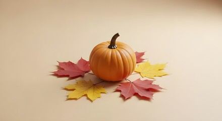 Autumn pumpkin surrounded by colorful maple leaves on a beige background