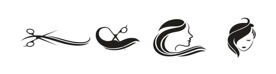 Beauty woman face and hair style logo vector, woman face and hair logo icon silhouette, beauty girl face silhouette vector, beauty long hair woman logo silhouette on a white background vector illustra
