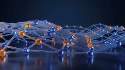 Dynamic network of connections showing blue and gold spheres linked by flowing lines, perfect for modern technology, science, or innovation branding
