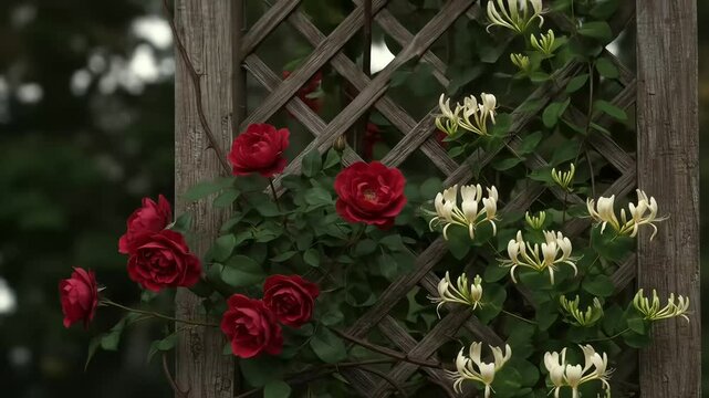 Roses and honeysuckle on wooden trellis