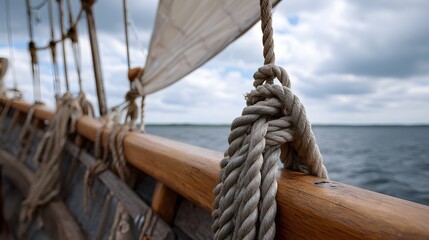 Close up of a thick rope tied in a knot on the wooden railing of a sailing ship at sea
