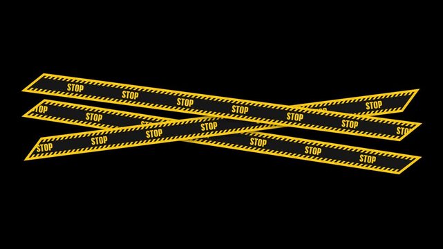 Animated yellow and black stop warning tapes crossing on transparent background. Moving caution ribbons with alert text. Symbol of danger, restriction, prohibition, and safety warning animation