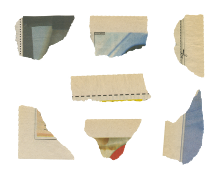 Set of torn pieces of newspaper isolated on transparent background.	