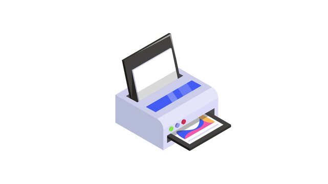 Isometric animated icon of a printer with paper being printed, symbolizing document production.