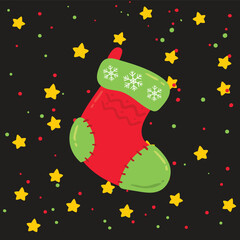 Christmas card with a warm sock for gifts on the background of the starry sky and snowfall. Vector New Year's illustration.