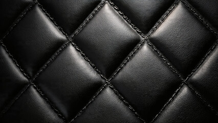 Obraz premium Close-up view of a luxurious black quilted material, showcasing a classic diamond pattern with meticulous stitching. This elegant texture is ideal for sophisticated backgrounds and design