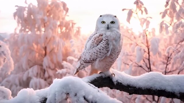 A closeup of a snowy owl in a snowy landscape during what appears to be either dawn or dusk. The owls feathers are a pristine white with subtle brown and beige patterns.