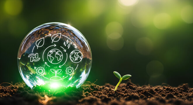 Circular Economy Sustainability Green Energy Glass Sphere Soil Copy Space