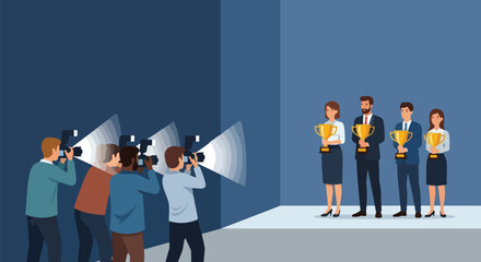 Business people receiving awards on stage while photographers capture the moment with flashing cameras.