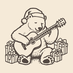 Cute hand-drawn polar bear playing guitar among gifts, perfect for Christmas cards, winter prints, or festive designs.