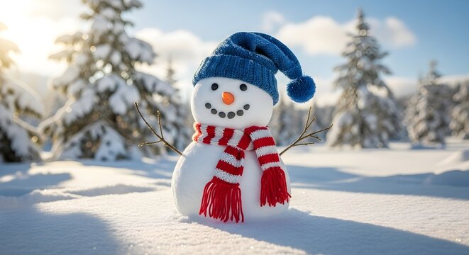Cheerful snowman stands in snow, bright winter scene. Perfect for holiday cards, seasonal promotions, or winter-themed designs.