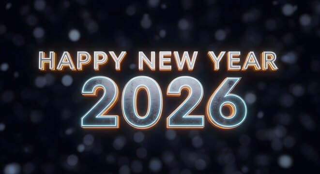 Neon blue & gold text shows "Happy New Year 2026" over bokeh. Great for festive posters, social media, and digital displays.