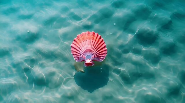Aerial view of a red scallop shell in clear turquoise water with ripples and reflections.