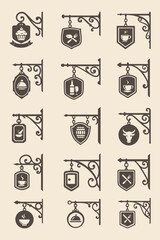 Vintage vector set of medieval tavern and inn hanging signs, ideal for fantasy game UI, branding, or logo design.
