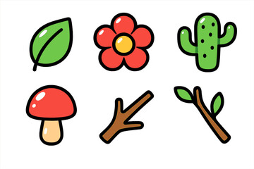 Colorful illustrations of nature elements featuring leaves, flowers, cacti, and mushrooms in a playful design
