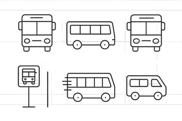 Different types of buses and bus stop signage in simple line art design