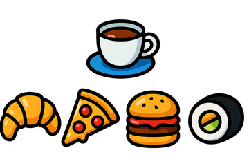 Enjoying a variety of delicious foods and drinks on a bright table setting with a cup of coffee, sushi, and festive snacks