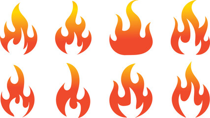 Flame and fire icons set. Burning heat and energy symbols with orange gradient flames and borders. Modern minimal vector collection for warning, hot, and temperature design concepts