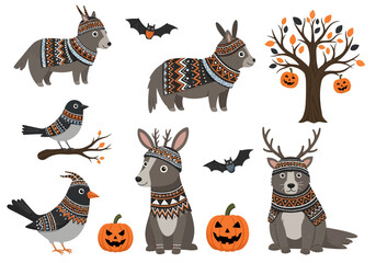 Naklejka premium Cartoon animals in knitted sweaters and hats with Halloween pumpkins, bats, and autumn tree.