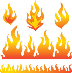 Flame and fire icons set. Burning heat and energy symbols with orange gradient flames and borders. Modern minimal vector collection for warning, hot, and temperature design concepts