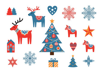 A collection of Scandinavian folk art style Christmas illustrations including reindeer, a tree, and snowflakes.
