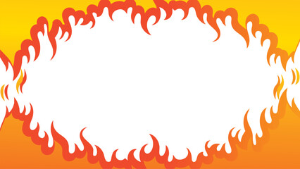Flame and fire border background. Hot burning frame with orange and red flames on bright gradient backdrop. Modern heat effect vector illustration for poster, banner, or decoration design