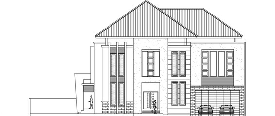 Vector drawing of a large, two-story luxury house elevation with a hipped/pyramid roof and two-car garage. Detailed architectural CAD.