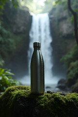 Reusable metal water bottle on mossy rock with majestic waterfall in lush green forest clean fresh hydration sustainable living nature's beauty eco-friendly adventure.