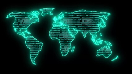 Digital technology world map binary code animation. A glowing cyan digital world map composed of binary code illuminates, symbolizing global connectivity and data. world map abstract background. - Powered by Adobe