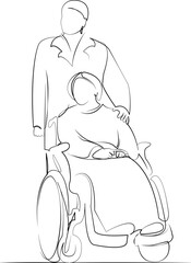 One continuous line drawing on white isolated background. Minimalism linear illustration. person, health care, nurse, patient, wheelchair, doctor, hospital, health, medicine, care