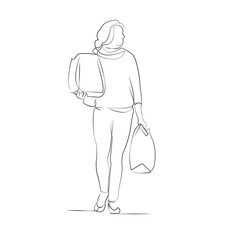 One continuous line drawing on white isolated background. Minimalism linear illustration. grocery, person, woman, shopping, carrying, bag, food, female, walking, purchase