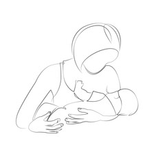One continuous line drawing on white isolated background. Minimalism linear illustration. mother, children, newborn, breastfeed, baby, love, motherhood, care, family, woman