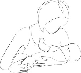 One continuous line drawing on white isolated background. Minimalism linear illustration. mother, children, newborn, breastfeed, baby, love, motherhood, care, family, woman