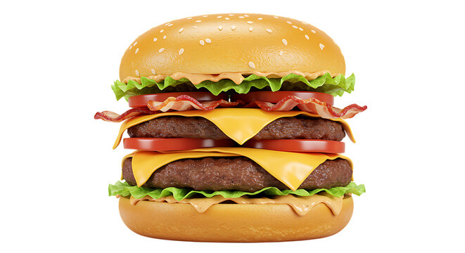 Delicious double cheeseburger with bacon lettuce and tomato on black background