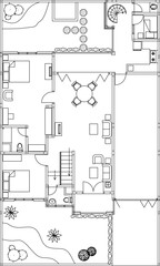 Detailed vector floor plan of a residential house with 3 bedrooms, furniture layout, stairs, spiral staircase, and garden areas. CAD drawing.