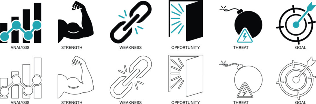 Flat vector icon set featuring strength, weakness, opportunity, threat, and goal concepts for strategic insight and business analysis. Perfect for corporate planning, marketing strategy, and project 