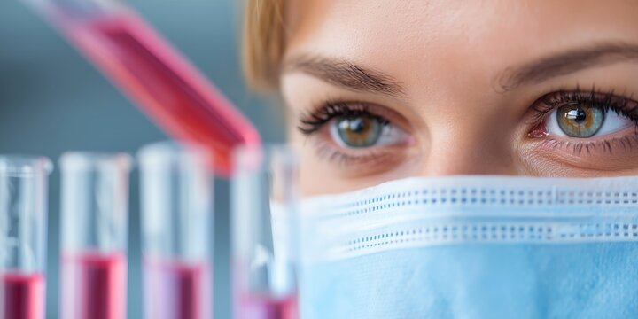 Close-up of a female lab technician wearing protective mask and glasses, analyzing red liquid samples in test tubes. Focused expression and sterile environment suggest clinical precision. - Powered by Adobe