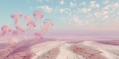 Surreal composition featuring translucent jellyfish floating above a cracked desert landscape under pastel-colored clouds. Dreamlike and ethereal atmosphere with elements of nature and fantasy.