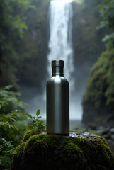 Reusable metal water bottle on mossy rock with majestic waterfall in lush green forest clean fresh hydration sustainable living nature's beauty eco-friendly adventure.
