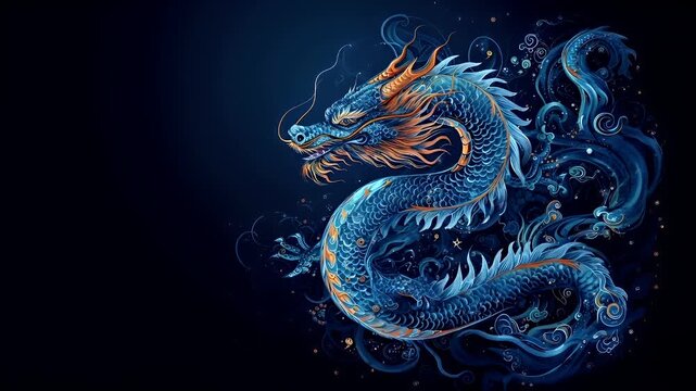 A vivid and detailed digital artwork of a blue and orange dragon, set against a deep blue background. The dragons scales are intricately detailed with swirling patterns and fiery accents.