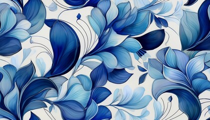 repeating seamless pattern of blue and dark blue abstract shapes on white background