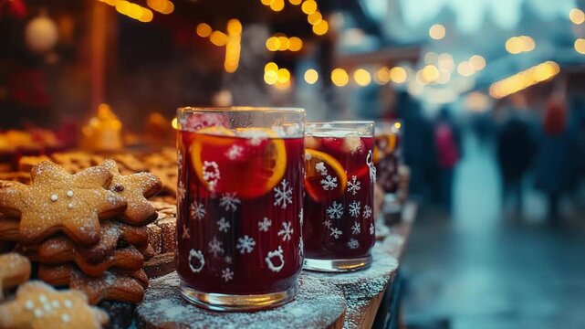Close-up of mulled wine and gingerbread cookies on christmas market stall, photorealistic, steam rising, bokeh lights