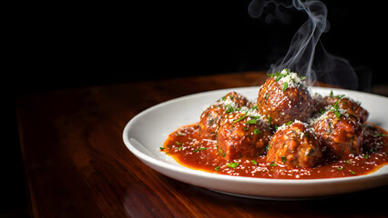 A hot plate of meatballs drenched in rich tomato sauce, garnished with fresh parsley and a dusting of grated cheese. The dark backdrop highlights the vivid red and green tones, enhancing the dish’s vi