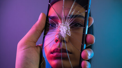 Young woman with dark hair holds a cracked smartphone in front of her face, reflecting emotions of frustration and vulnerability in a colorful ambient light setting